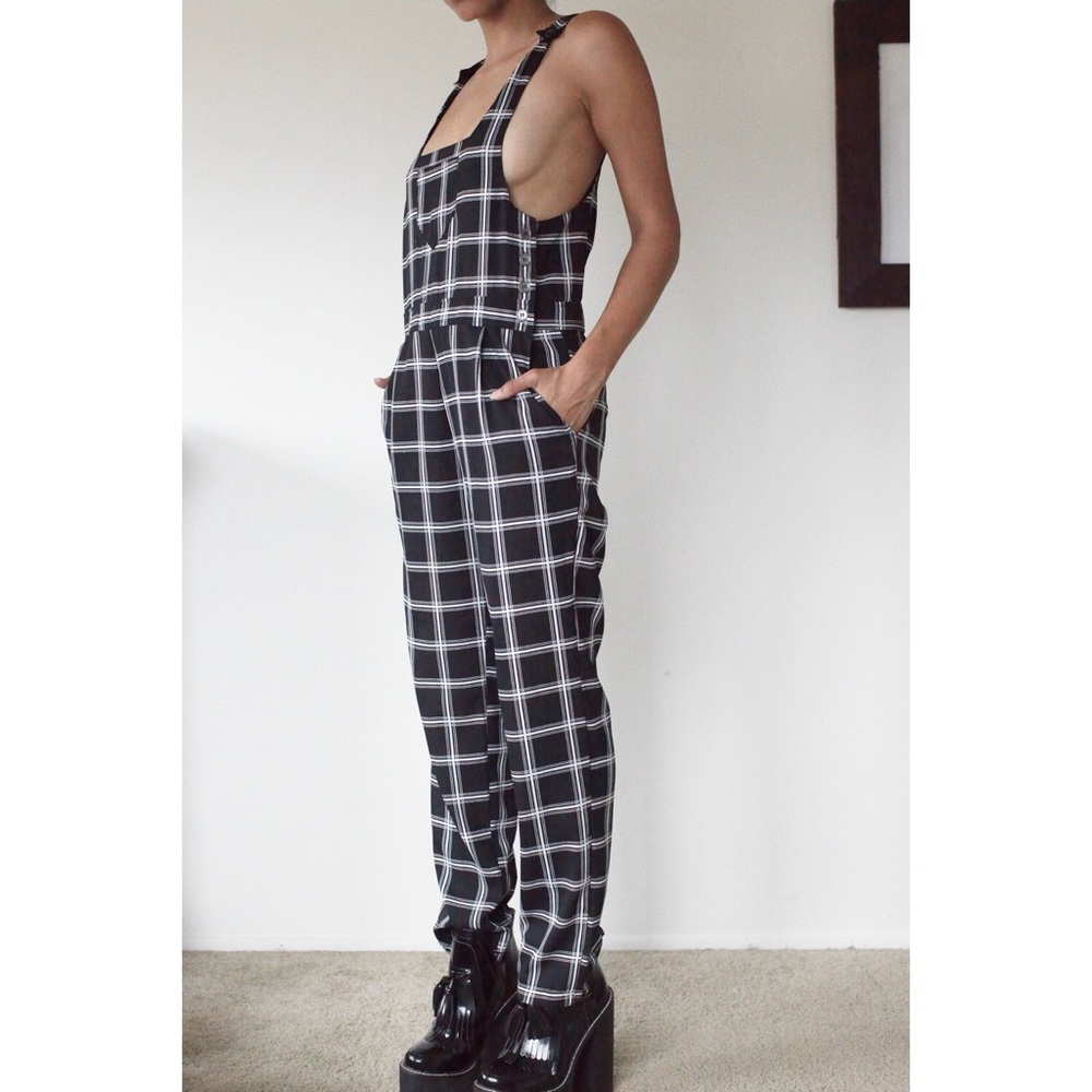 Black and White Plaid Overalls Jumpsuit
